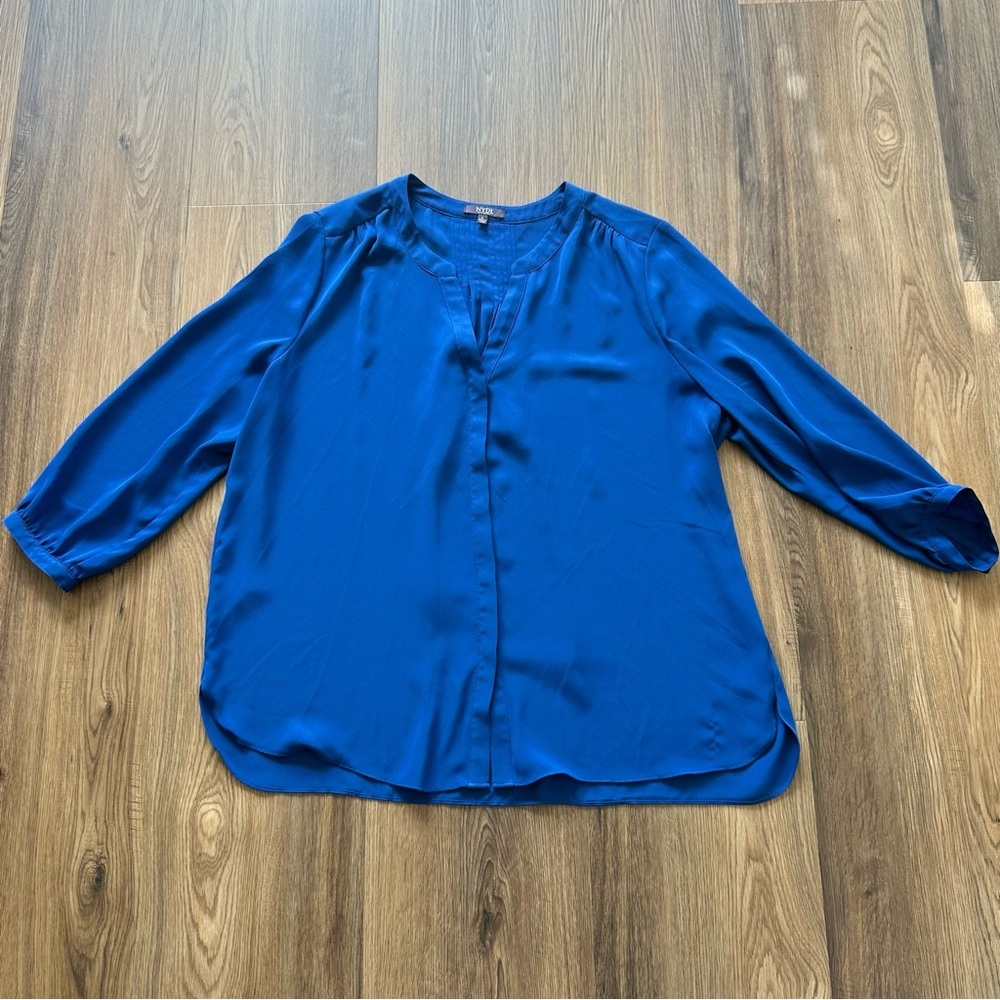 Blue V-Neck Long Sleeve Blouse - Unbranded